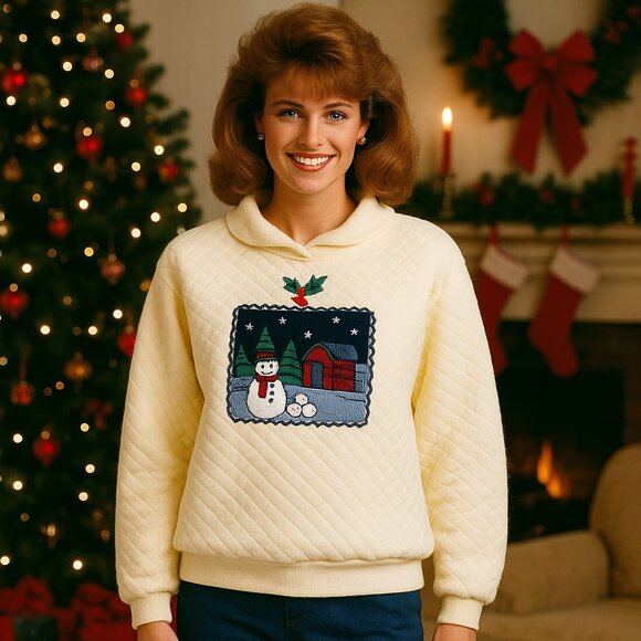 Jantzen Sweaters - Vintage Jantzen Quilted Snowman Sweater Large White 80s Winter Holiday Pullover